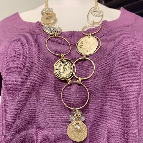 2/$15! Charming Charlie Gold Embellished Circle Coin Rhinestone Long Necklace - Picture 3 of 6